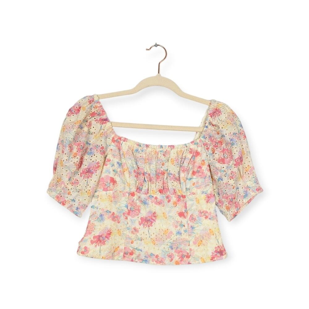 ASTR Yellow Floral Puff Sleeve Peasant Crop Top Size S